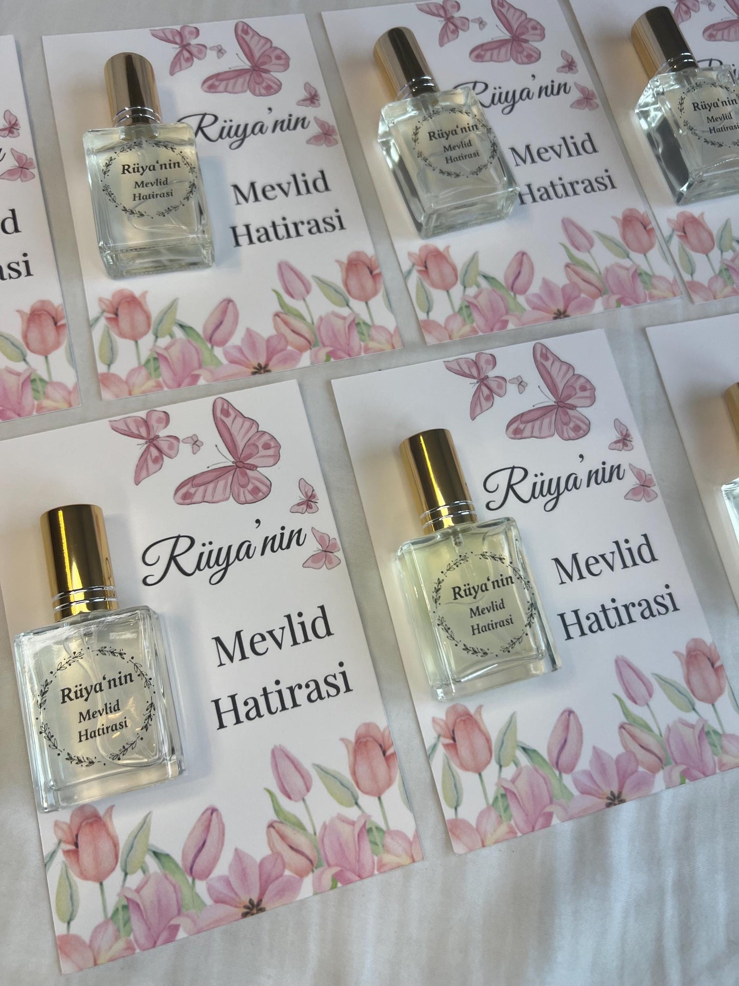 Personalisierte Mevlüt Karte, Gastgeschenk Karte mit Kolonya Sprühflasche, Mevlüt Hediye, Tischkarte, Baby, Sünnet, Nişan, Bebek Geschenk
