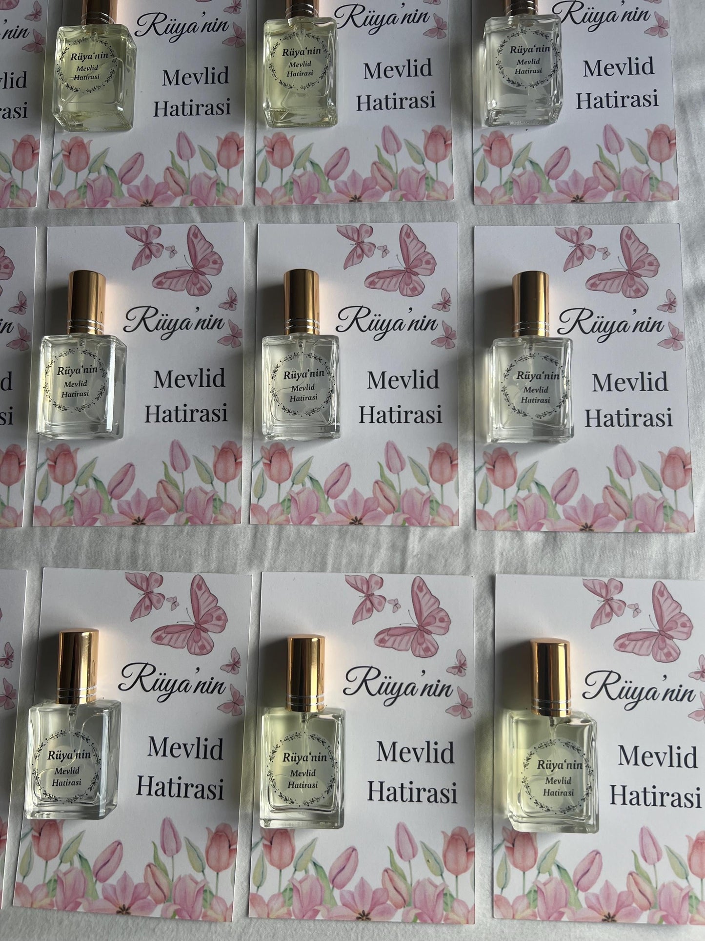Personalisierte Mevlüt Karte, Gastgeschenk Karte mit Kolonya Sprühflasche, Mevlüt Hediye, Tischkarte, Baby, Sünnet, Nişan, Bebek Geschenk