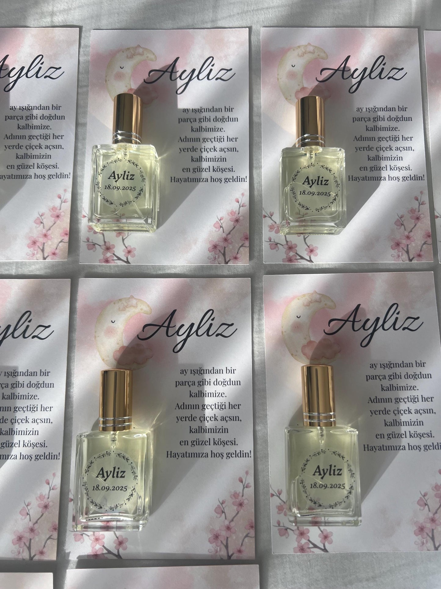 Personalisierte Mevlüt Karte, Gastgeschenk Karte mit Kolonya Sprühflasche, Mevlüt Hediye, Tischkarte, Baby, Sünnet, Nişan, Bebek Geschenk