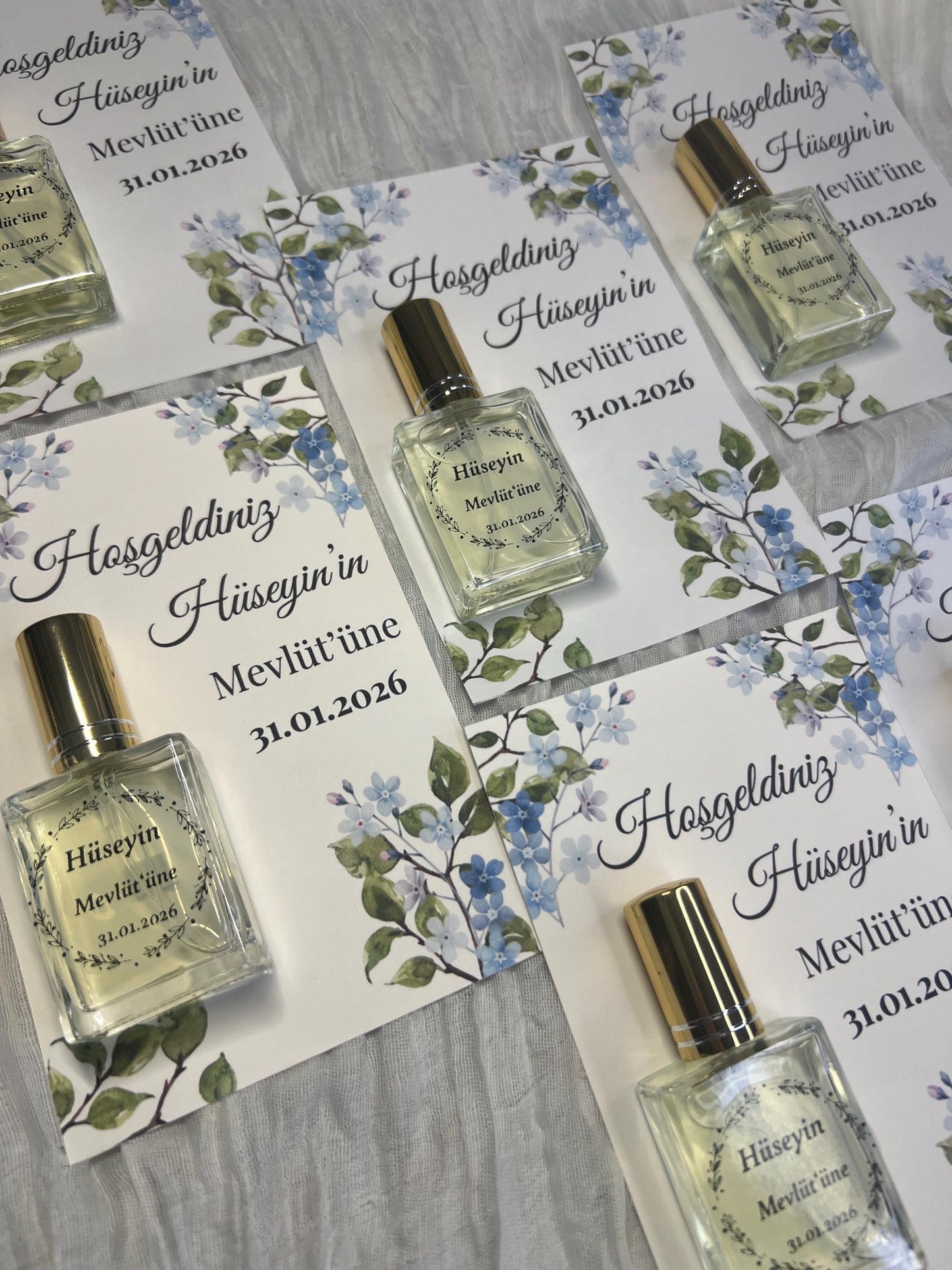 Personalisierte Mevlüt Karte, Gastgeschenk Karte mit Kolonya Sprühflasche, Mevlüt Hediye, Tischkarte, Baby, Sünnet, Nişan, Bebek Geschenk