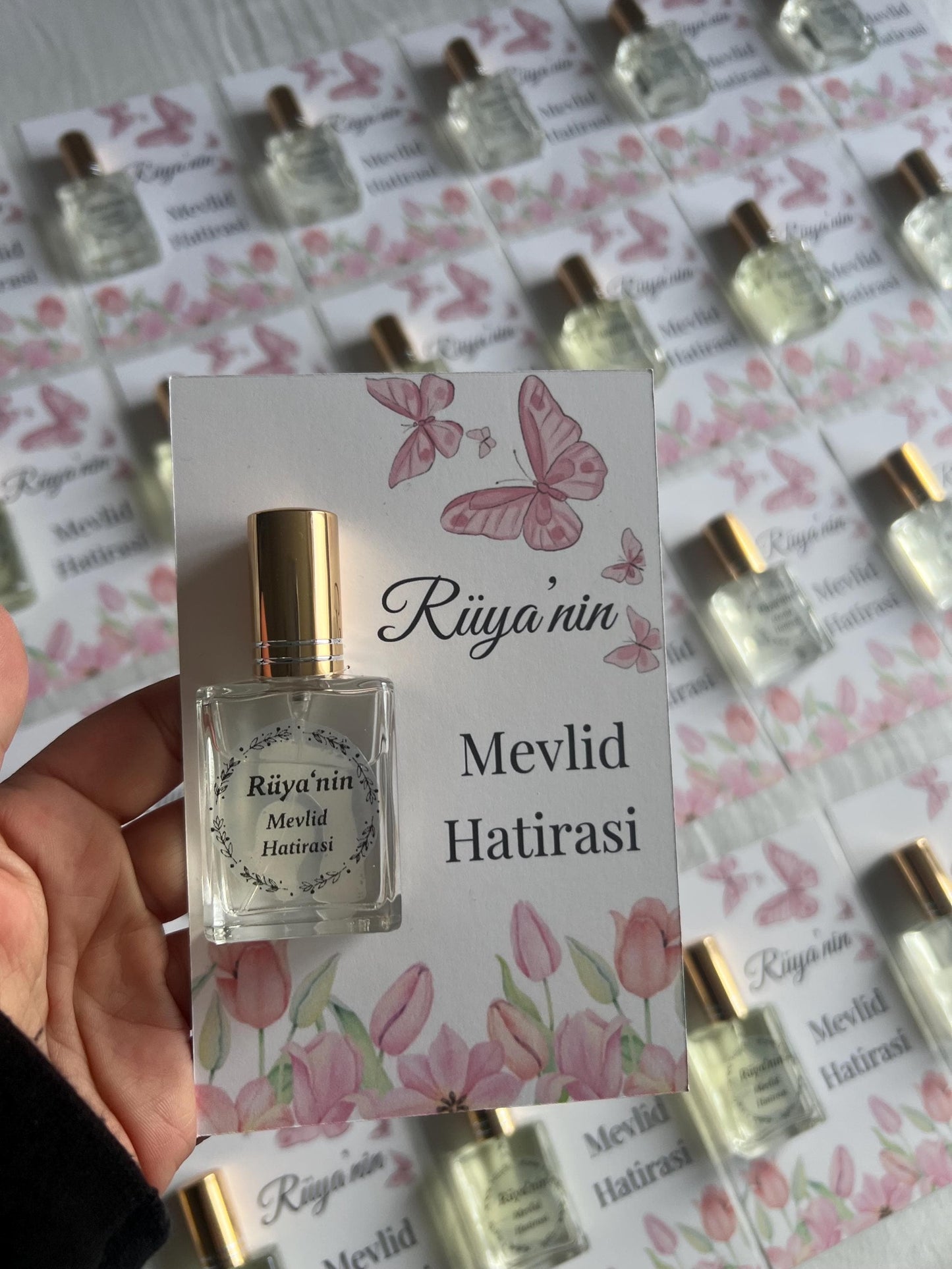 Personalisierte Mevlüt Karte, Gastgeschenk Karte mit Kolonya Sprühflasche, Mevlüt Hediye, Tischkarte, Baby, Sünnet, Nişan, Bebek Geschenk