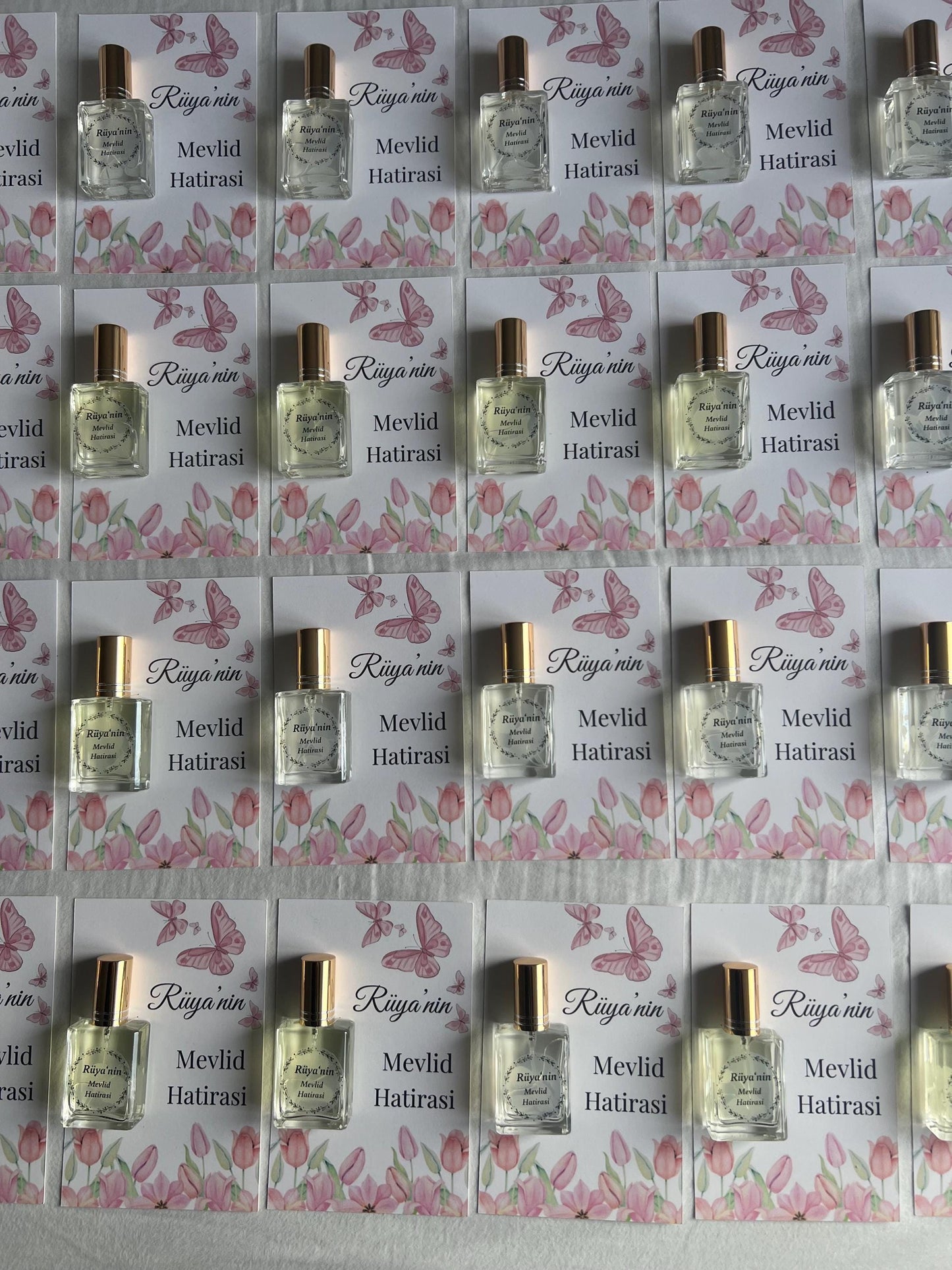 Personalisierte Mevlüt Karte, Gastgeschenk Karte mit Kolonya Sprühflasche, Mevlüt Hediye, Tischkarte, Baby, Sünnet, Nişan, Bebek Geschenk