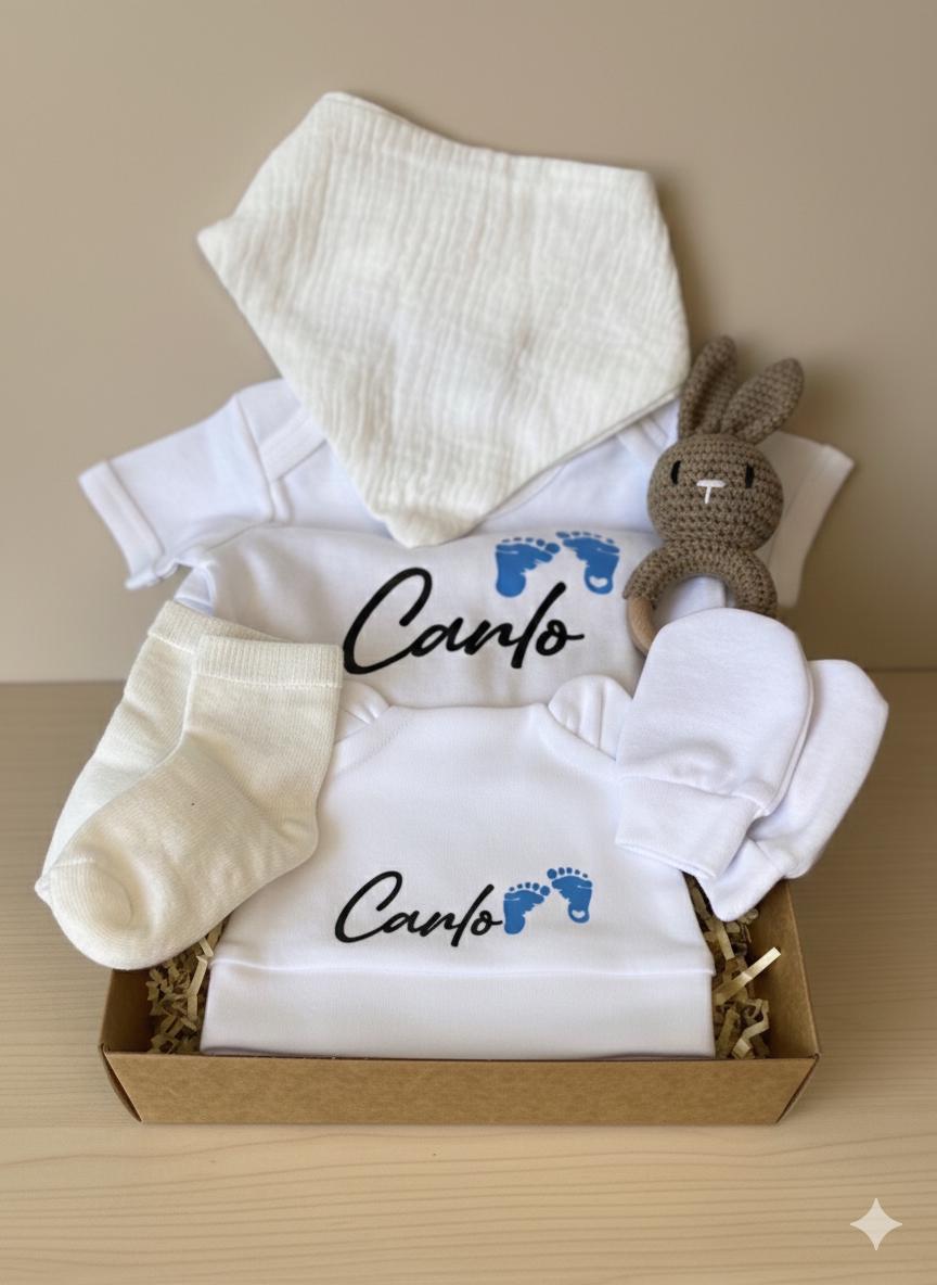 Personalisierte Baby Geschenkbox zur Geburt  hochwertiges Neugeborenen Set mit Namen, sofort bereit zum Verschenken