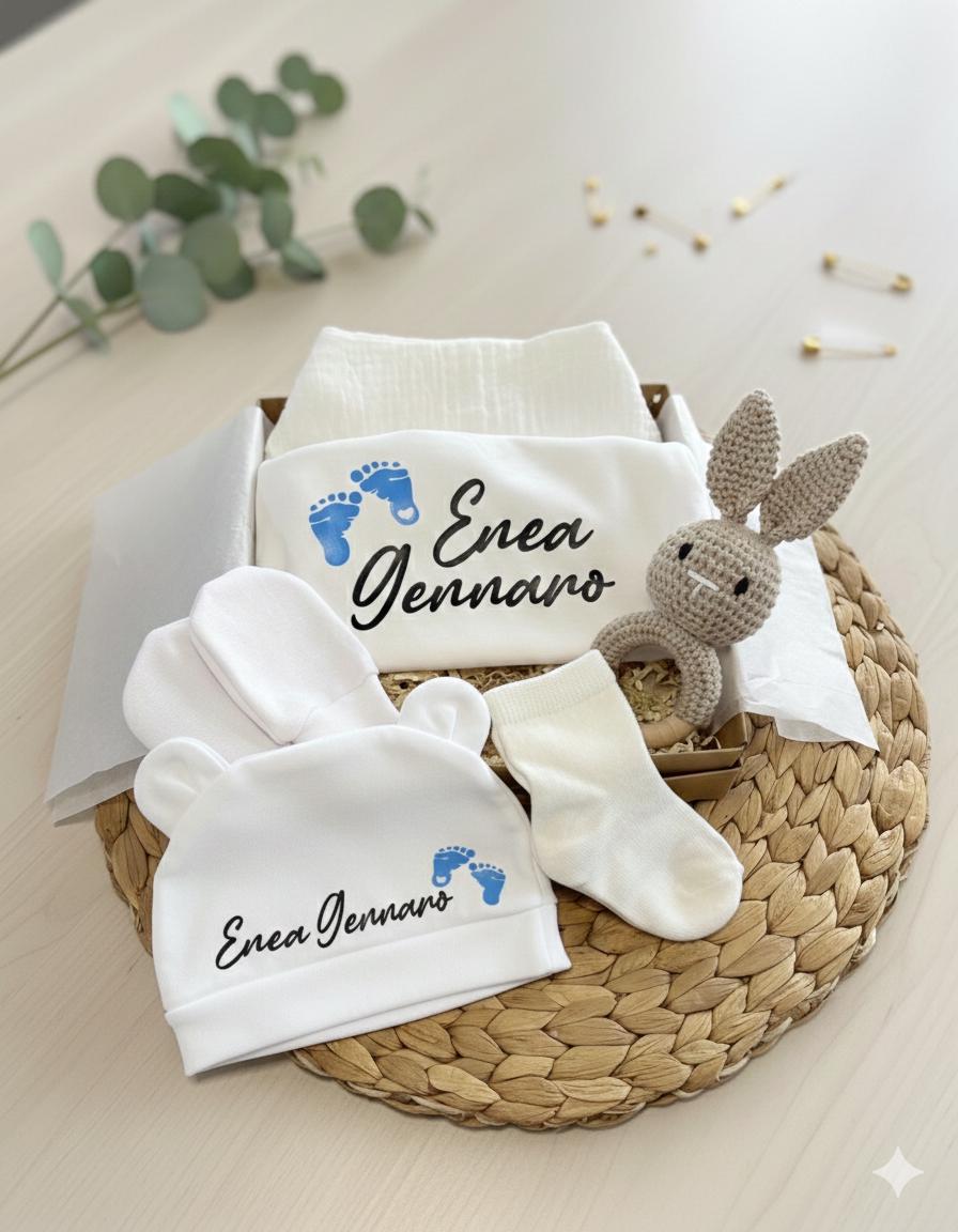 Personalisierte Baby Geschenkbox zur Geburt  hochwertiges Neugeborenen Set mit Namen, sofort bereit zum Verschenken