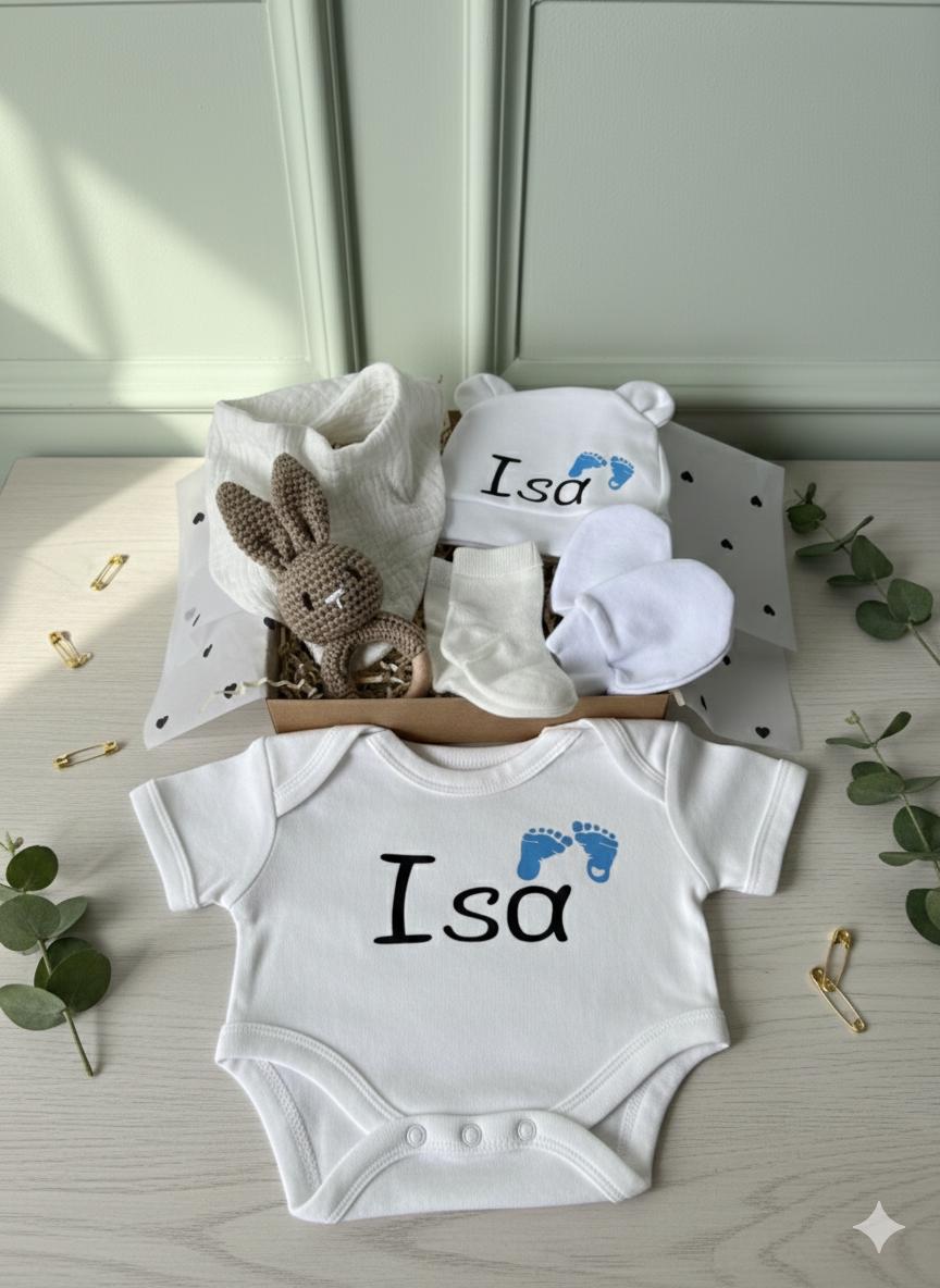 Personalisierte Baby Geschenkbox zur Geburt  hochwertiges Neugeborenen Set mit Namen, sofort bereit zum Verschenken