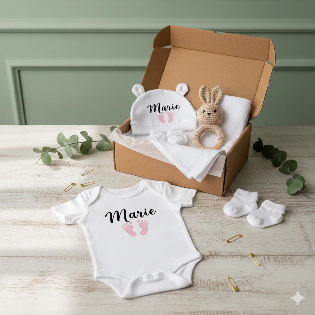 Personalisierte Baby Geschenkbox zur Geburt  hochwertiges Neugeborenen Set mit Namen, sofort bereit zum Verschenken