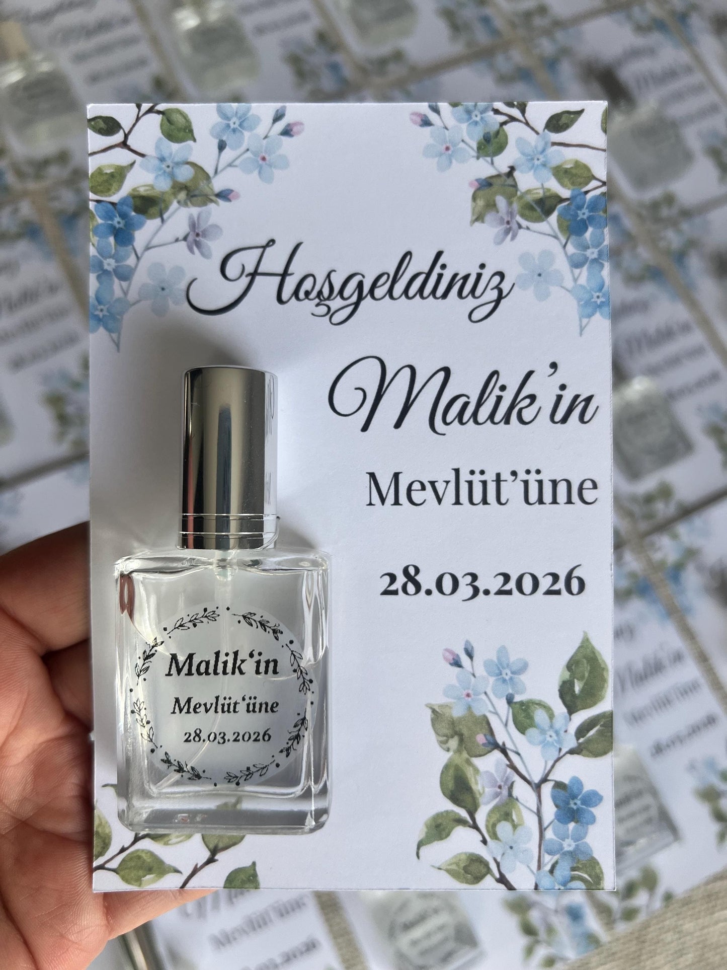 Personalisierte Mevlüt Karte, Gastgeschenk Karte mit Kolonya Sprühflasche, Mevlüt Hediye, Tischkarte, Baby, Sünnet, Nişan, Bebek Geschenk