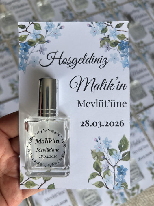 Personalisierte Mevlüt Karte, Gastgeschenk Karte mit Kolonya Sprühflasche, Mevlüt Hediye, Tischkarte, Baby, Sünnet, Nişan, Bebek Geschenk