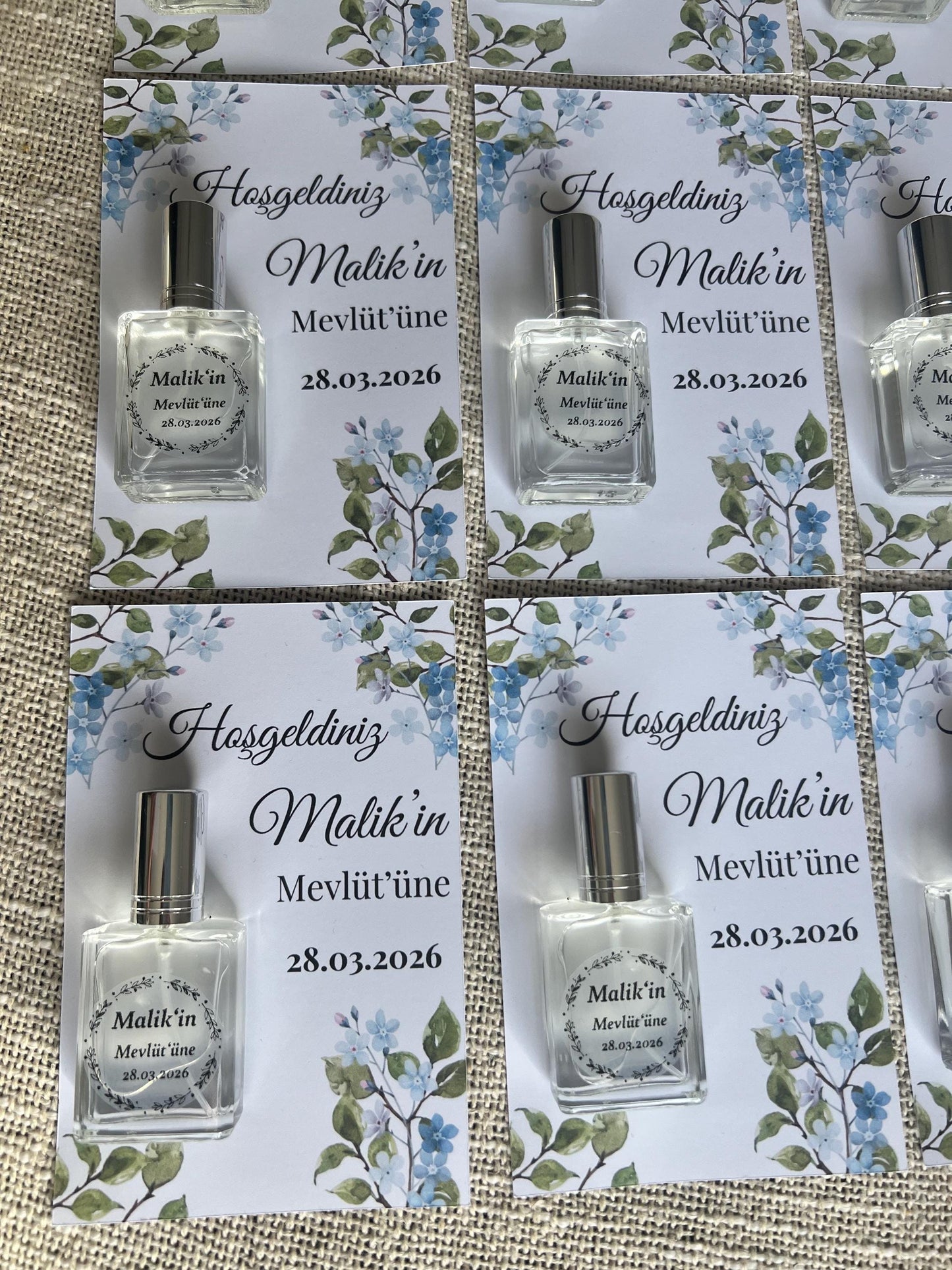 Personalisierte Mevlüt Karte, Gastgeschenk Karte mit Kolonya Sprühflasche, Mevlüt Hediye, Tischkarte, Baby, Sünnet, Nişan, Bebek Geschenk