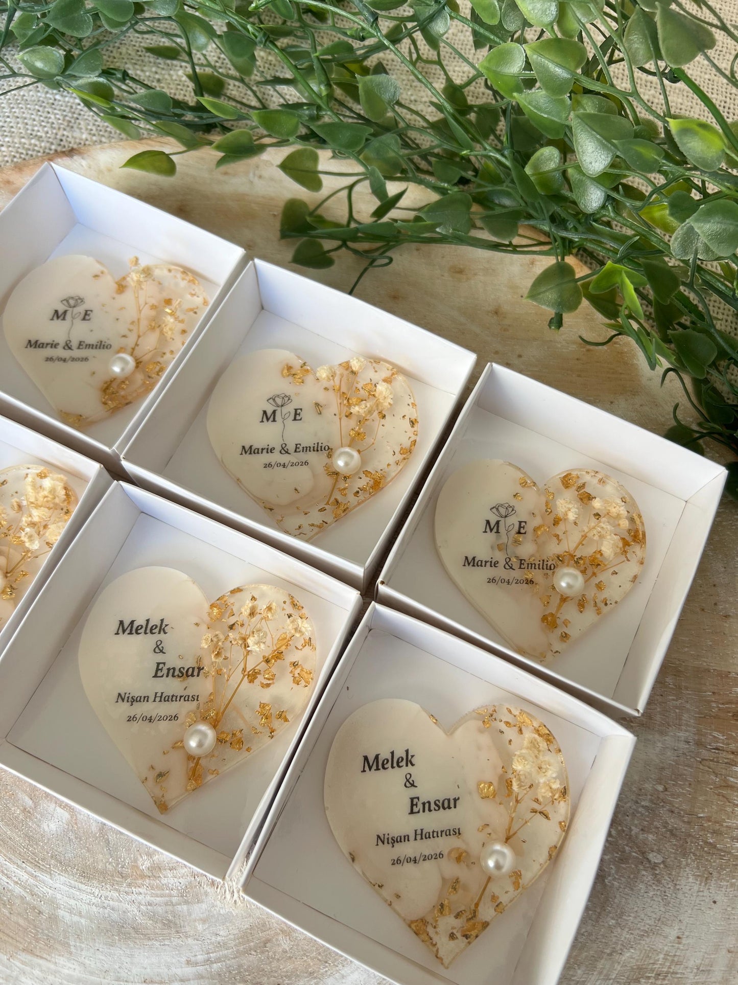 Gastgeschenk Hochzeit, Nişan, Verlobung, Sünnet, Mevlüt Hatırası,personalisiertes Resinherz mit Magnet und Trockenblume, Gastgeschenk