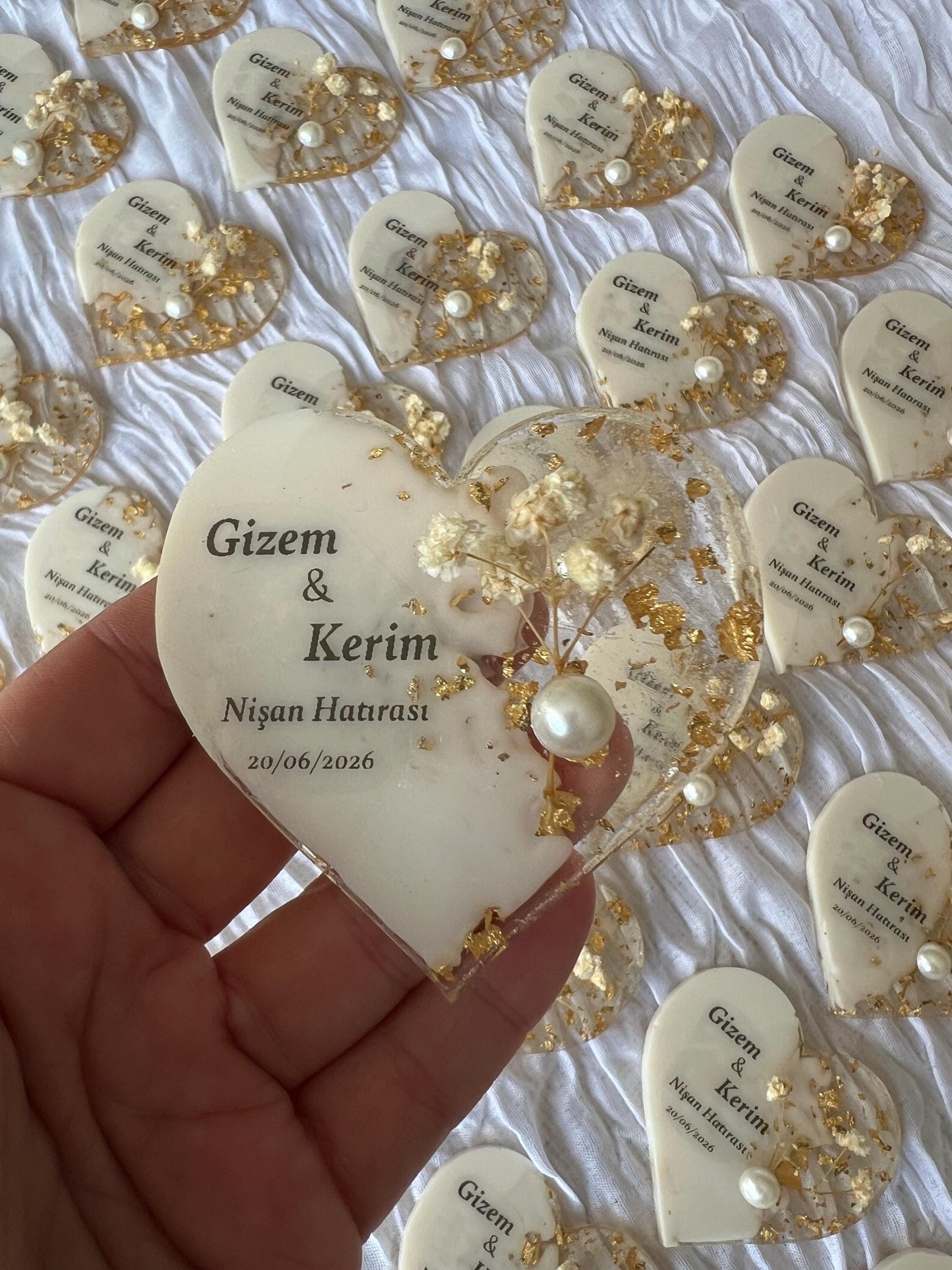 Gastgeschenk Hochzeit, Nişan, Verlobung, Sünnet, Mevlüt Hatırası,personalisiertes Resinherz mit Magnet und Trockenblume, Gastgeschenk