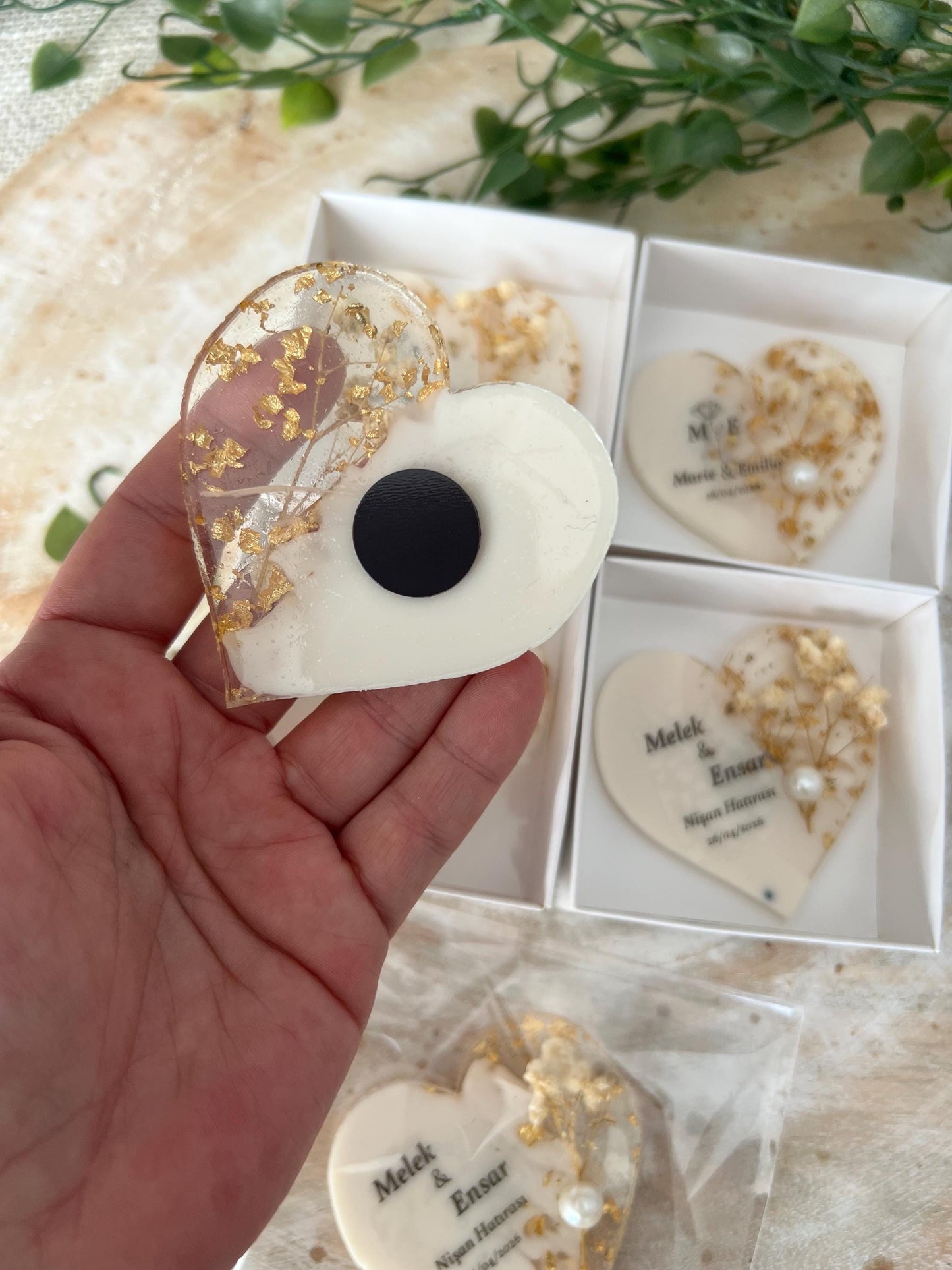 Gastgeschenk Hochzeit, Nişan, Verlobung, Sünnet, Mevlüt Hatırası,personalisiertes Resinherz mit Magnet und Trockenblume, Gastgeschenk