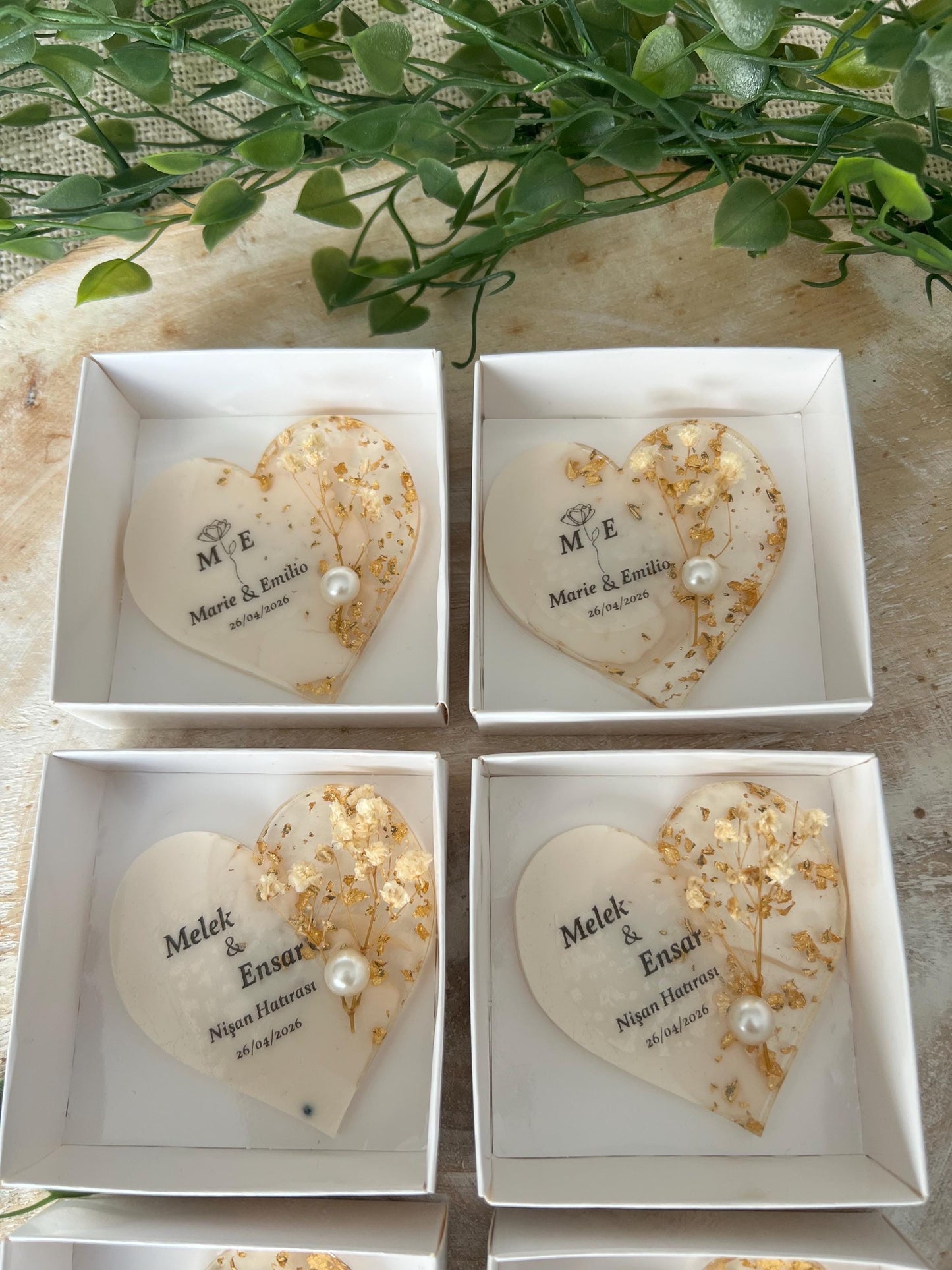 Gastgeschenk Hochzeit, Nişan, Verlobung, Sünnet, Mevlüt Hatırası,personalisiertes Resinherz mit Magnet und Trockenblume, Gastgeschenk