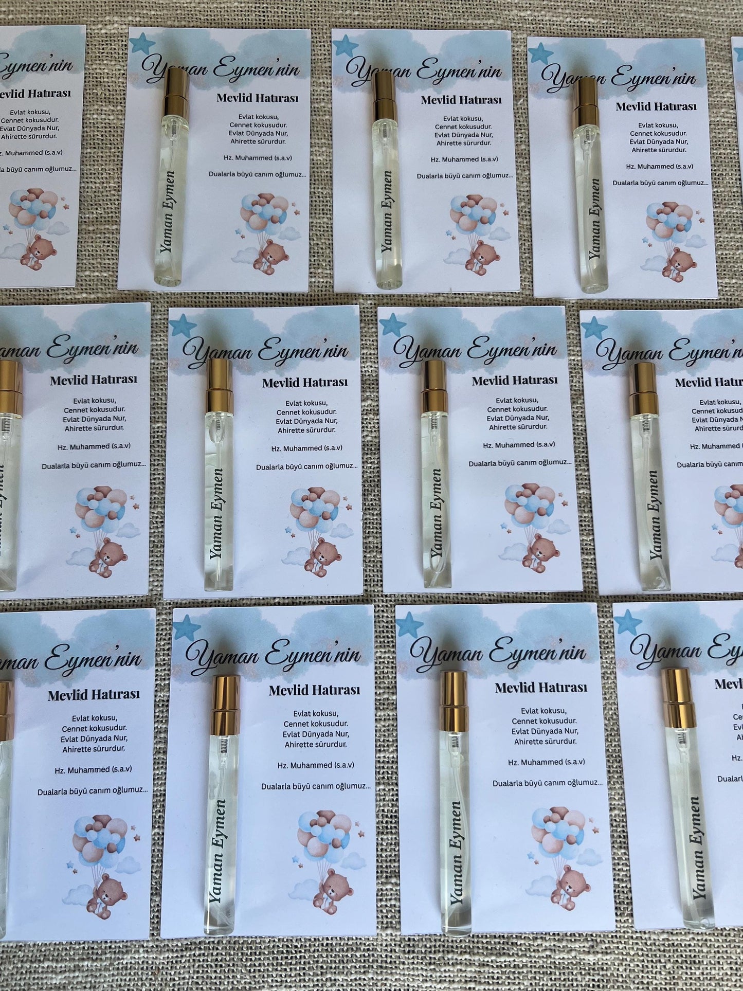 Personalisierte Mevlüt Karte, Gastgeschenk Geburtstagskart mit Kolonya Sprühflasche, Mevlüt Hediye, Tischkarte, Baby,Bebek Yasinda
