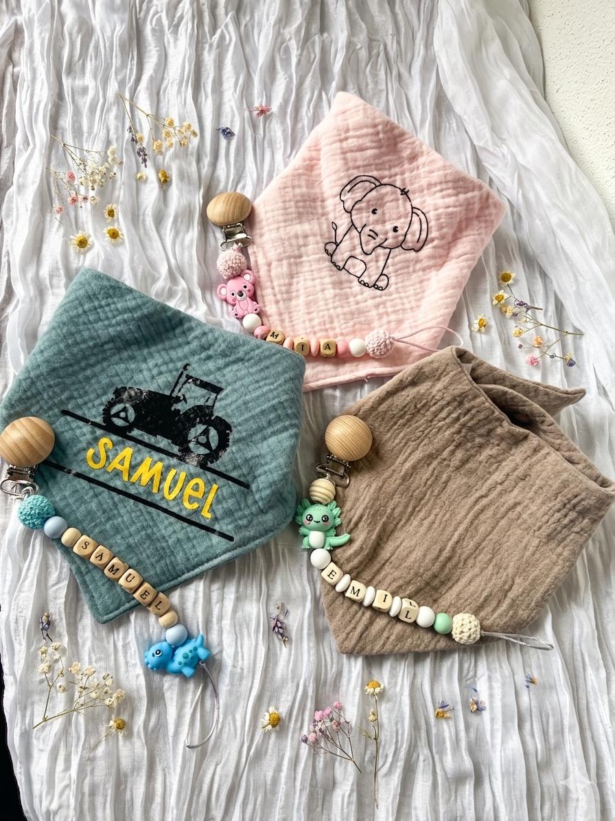 Personalisiertes Baby Geschenkset | Box mit Name | Musselintuch Schnullerkette Rassel | Geburtsgeschenk Junge Mädchen | Newborn Gift Box