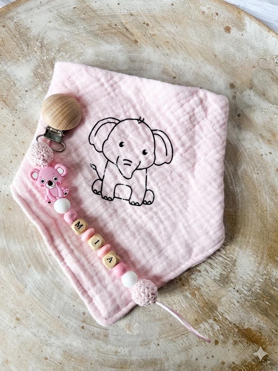 Personalisiertes Baby Geschenkset | Box mit Name | Musselintuch Schnullerkette Rassel | Geburtsgeschenk Junge Mädchen | Newborn Gift Box