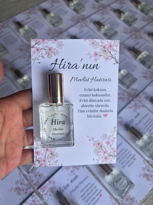 Personalisierte Mevlüt Karte, Gastgeschenk Karte mit Kolonya Sprühflasche, Mevlüt Hediye, Tischkarte, Baby, Sünnet, Nişan, Bebek Geschenk