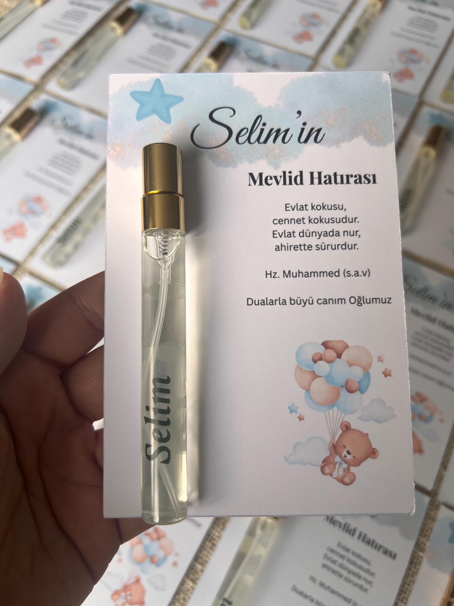 Personalisierte Mevlüt Karte, Gastgeschenk Geburtstagskart mit Kolonya Sprühflasche, Mevlüt Hediye, Tischkarte, Baby,Bebek Yasinda