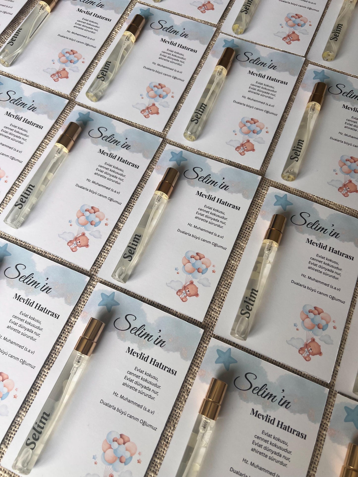 Personalisierte Mevlüt Karte, Gastgeschenk Geburtstagskart mit Kolonya Sprühflasche, Mevlüt Hediye, Tischkarte, Baby,Bebek Yasinda