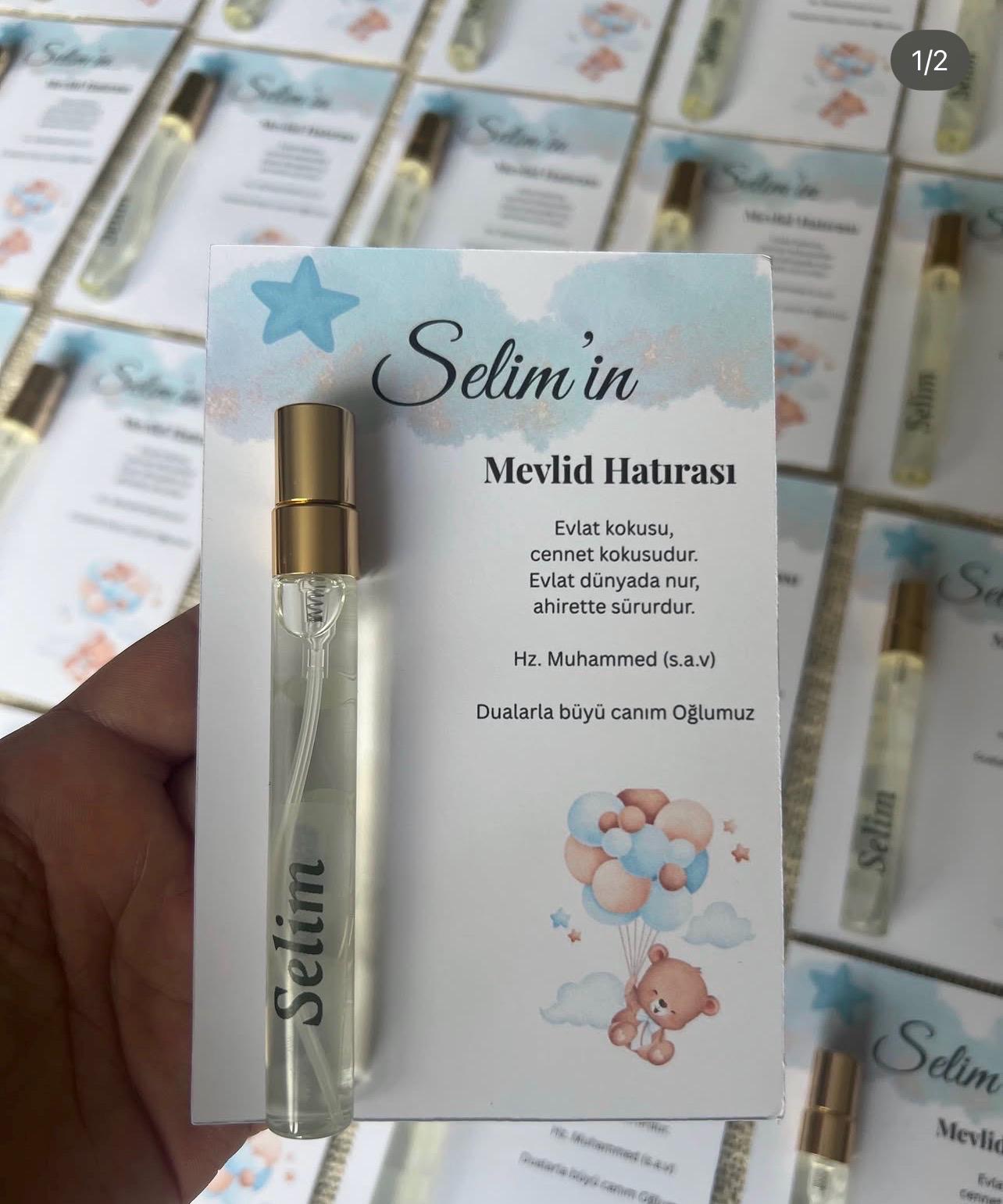 Personalisierte Mevlüt Karte, Gastgeschenk Geburtstagskart mit Kolonya Sprühflasche, Mevlüt Hediye, Tischkarte, Baby,Bebek Yasinda