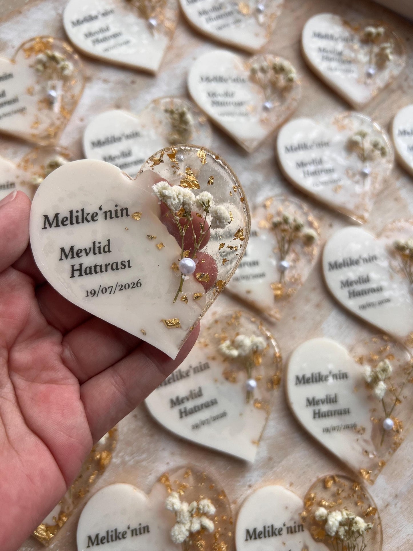 Gastgeschenk Hochzeit, Nişan, Verlobung, Sünnet, Mevlüt Hatırası,personalisiertes Resinherz mit Magnet und Trockenblume, Gastgeschenk