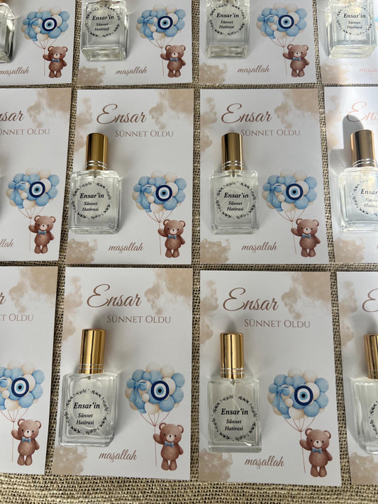 Personalisierte Mevlüt Karte, Gastgeschenk Geburtstagskart mit Kolonya Sprühflasche, Mevlüt Hediye, Tischkarte, Baby,Bebek Yasinda