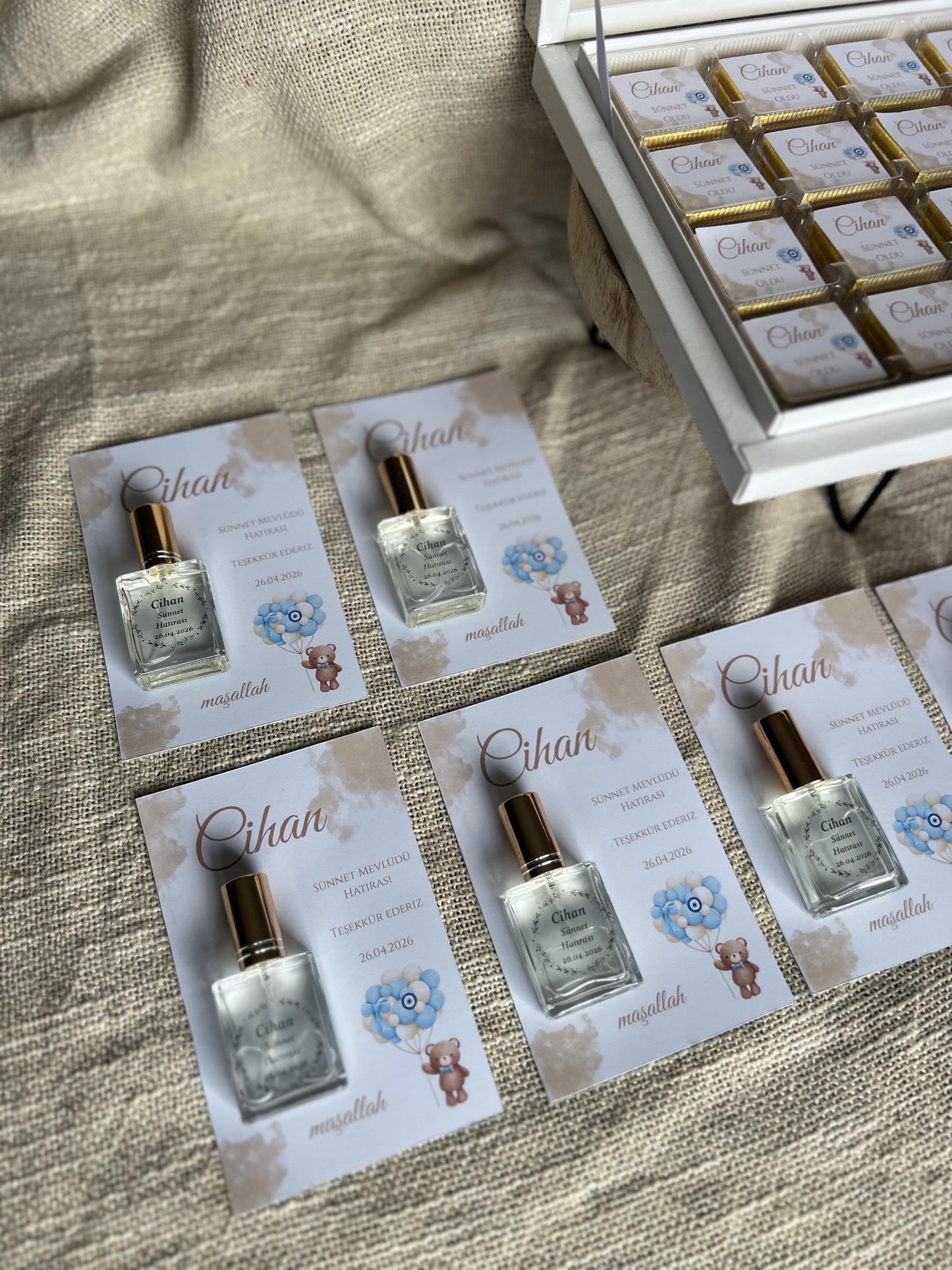 Personalisierte Mevlüt Karte, Gastgeschenk Geburtstagskart mit Kolonya Sprühflasche, Mevlüt Hediye, Tischkarte, Baby,Bebek Yasinda