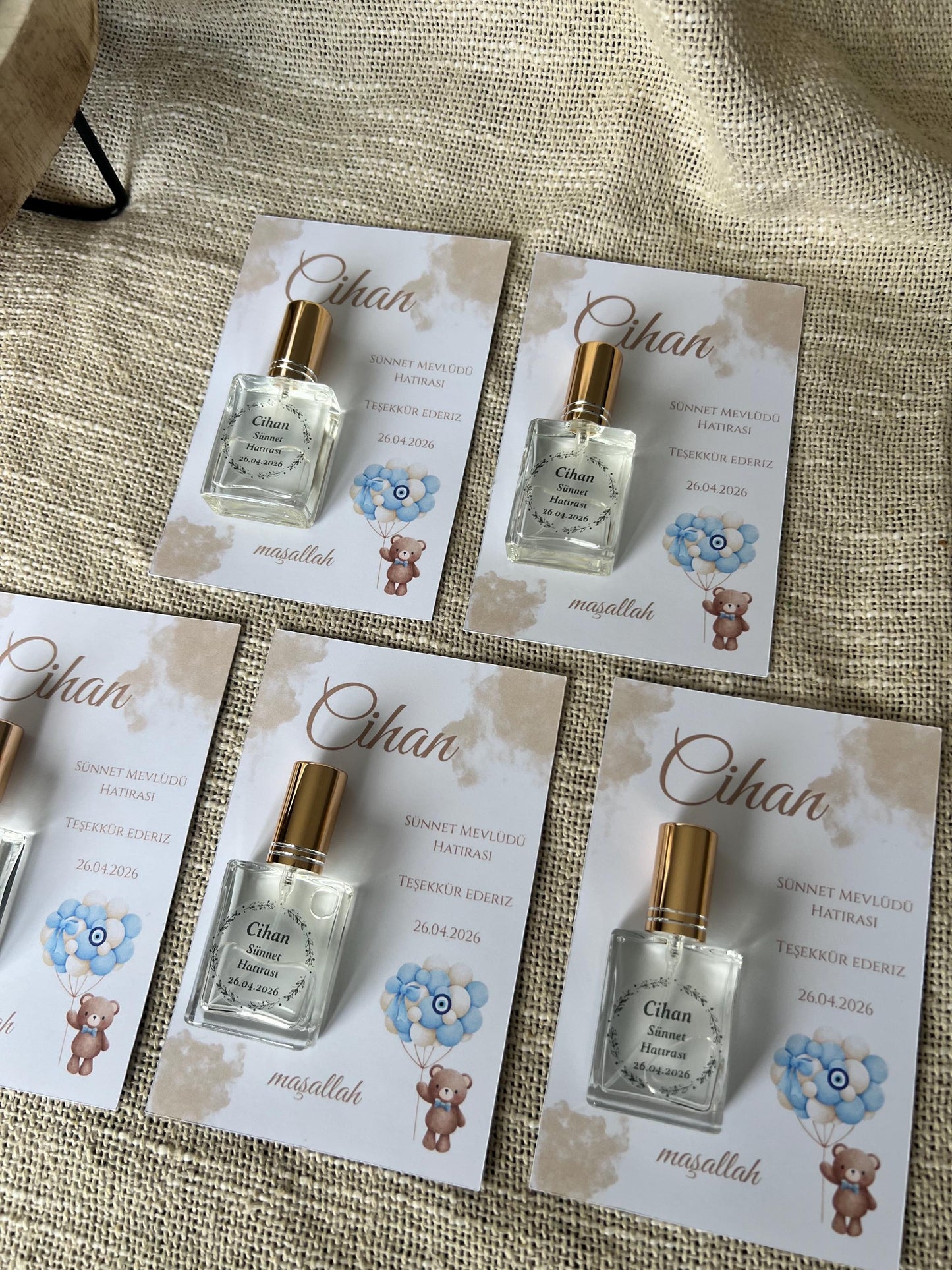 Personalisierte Mevlüt Karte, Gastgeschenk Geburtstagskart mit Kolonya Sprühflasche, Mevlüt Hediye, Tischkarte, Baby,Bebek Yasinda