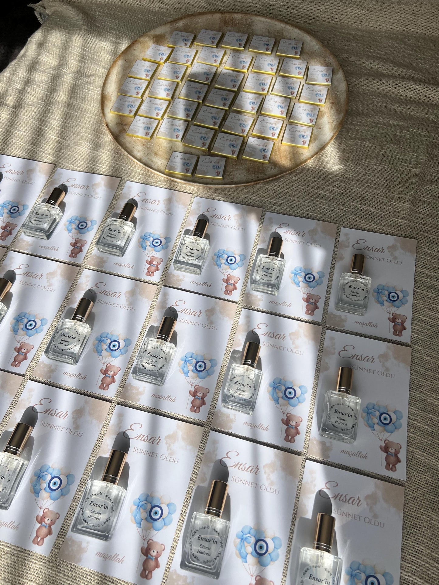 Personalisierte Mevlüt Karte, Gastgeschenk Geburtstagskart mit Kolonya Sprühflasche, Mevlüt Hediye, Tischkarte, Baby,Bebek Yasinda