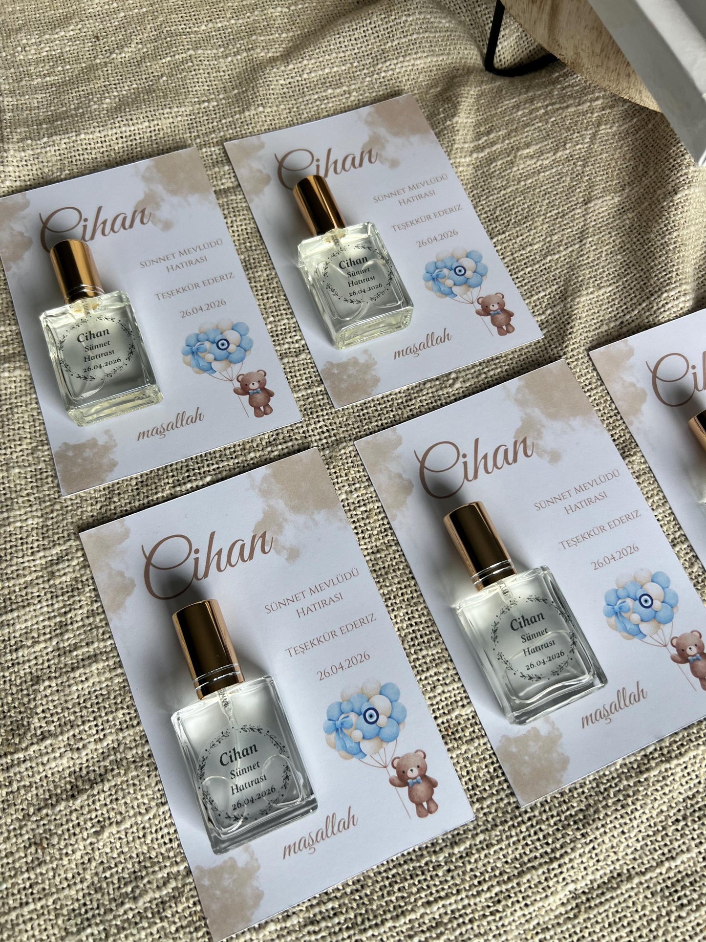 Personalisierte Mevlüt Karte, Gastgeschenk Geburtstagskart mit Kolonya Sprühflasche, Mevlüt Hediye, Tischkarte, Baby,Bebek Yasinda