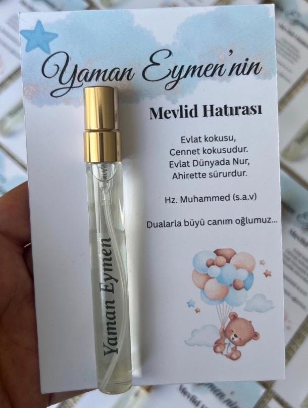 Personalisierte Mevlüt Karte, Gastgeschenk Geburtstagskart mit Kolonya Sprühflasche, Mevlüt Hediye, Tischkarte, Baby,Bebek Yasinda