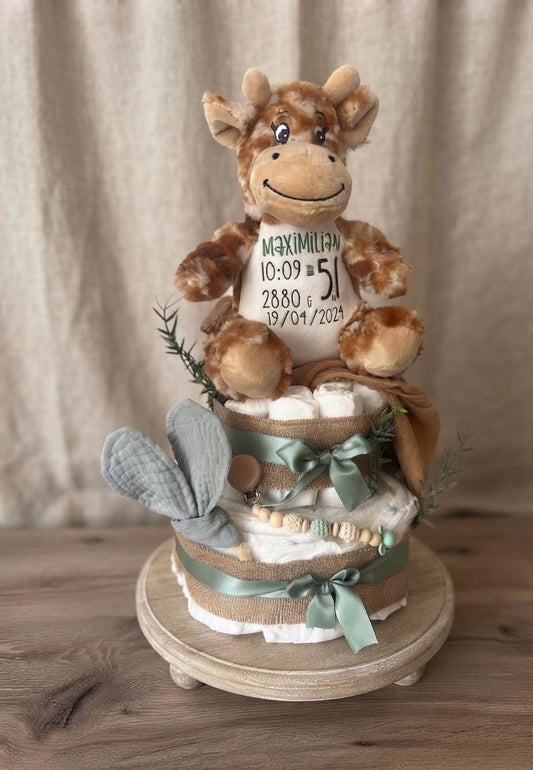 Windeltorte mit personalisiertem Kuscheltier, Geschenk zur Geburt, Taufe oder Babyparty, Babygeschenkset