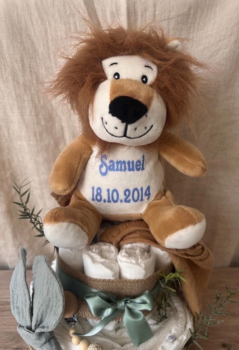 Windeltorte mit personalisiertem Kuscheltier, Geschenk zur Geburt, Taufe oder Babyparty, Babygeschenkset