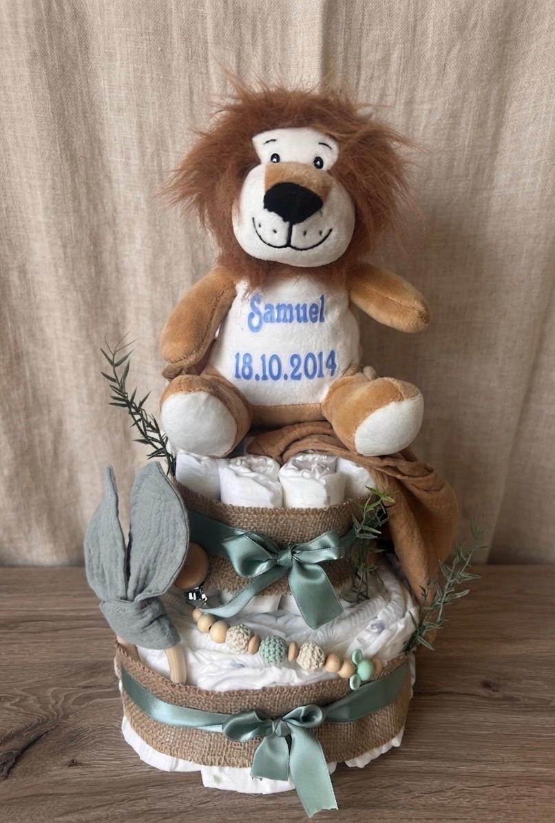 Windeltorte mit personalisiertem Kuscheltier, Geschenk zur Geburt, Taufe oder Babyparty, Babygeschenkset
