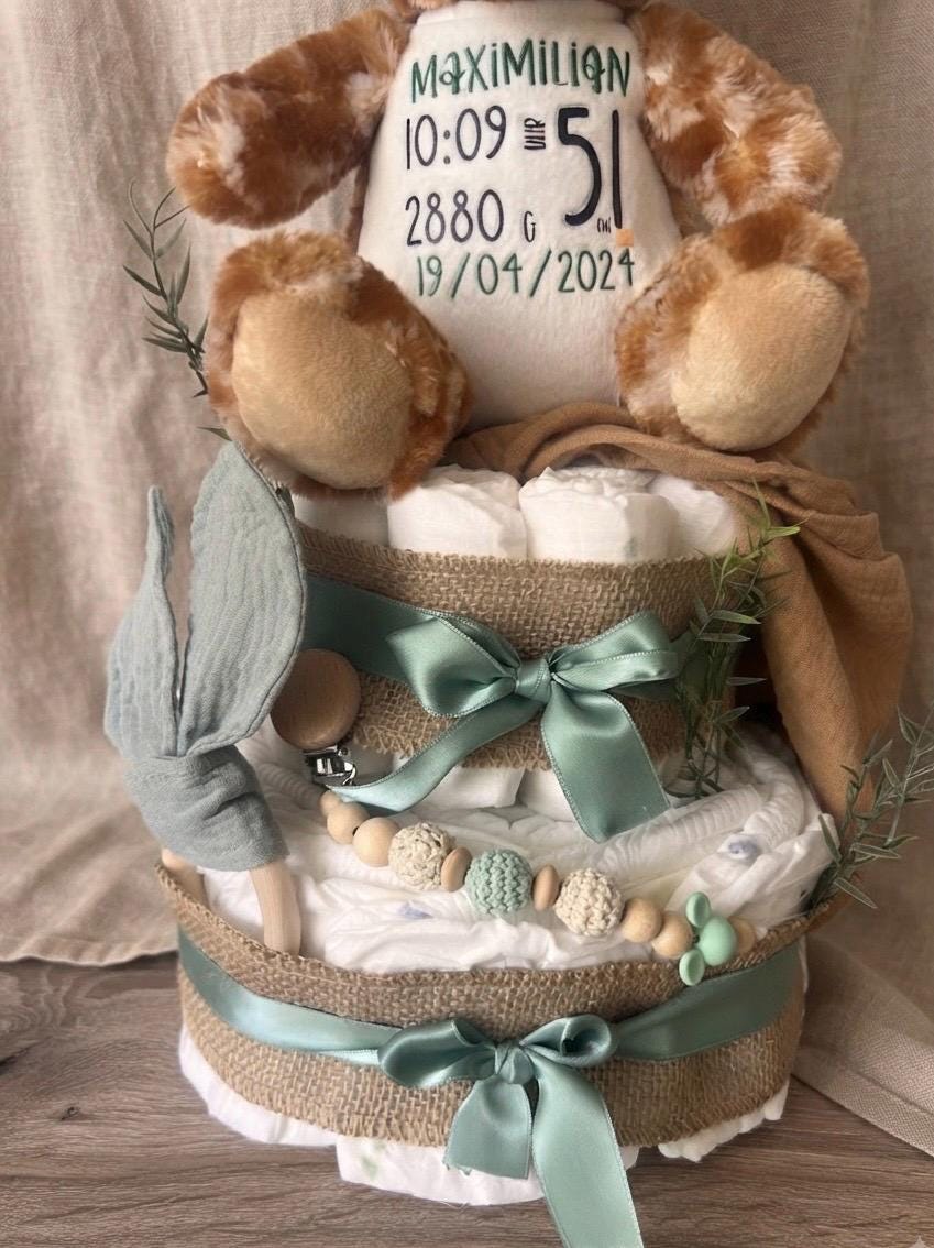 Windeltorte mit personalisiertem Kuscheltier, Geschenk zur Geburt, Taufe oder Babyparty, Babygeschenkset