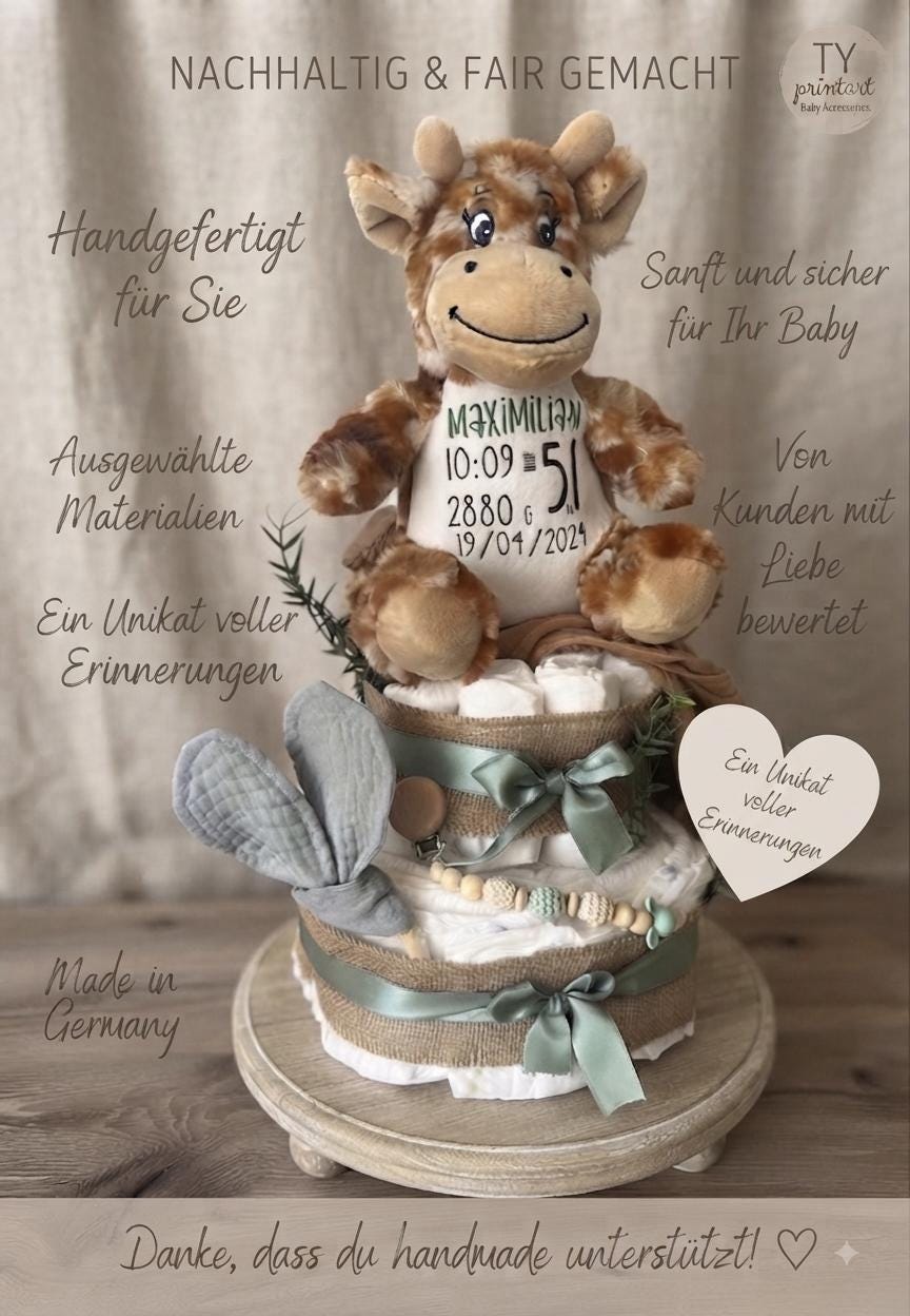 Windeltorte mit personalisiertem Kuscheltier, Geschenk zur Geburt, Taufe oder Babyparty, Babygeschenkset